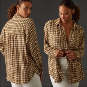 Anthropologie Pilcro Oversized Plaid Button Down Shirt Moss Green Relaxed Large